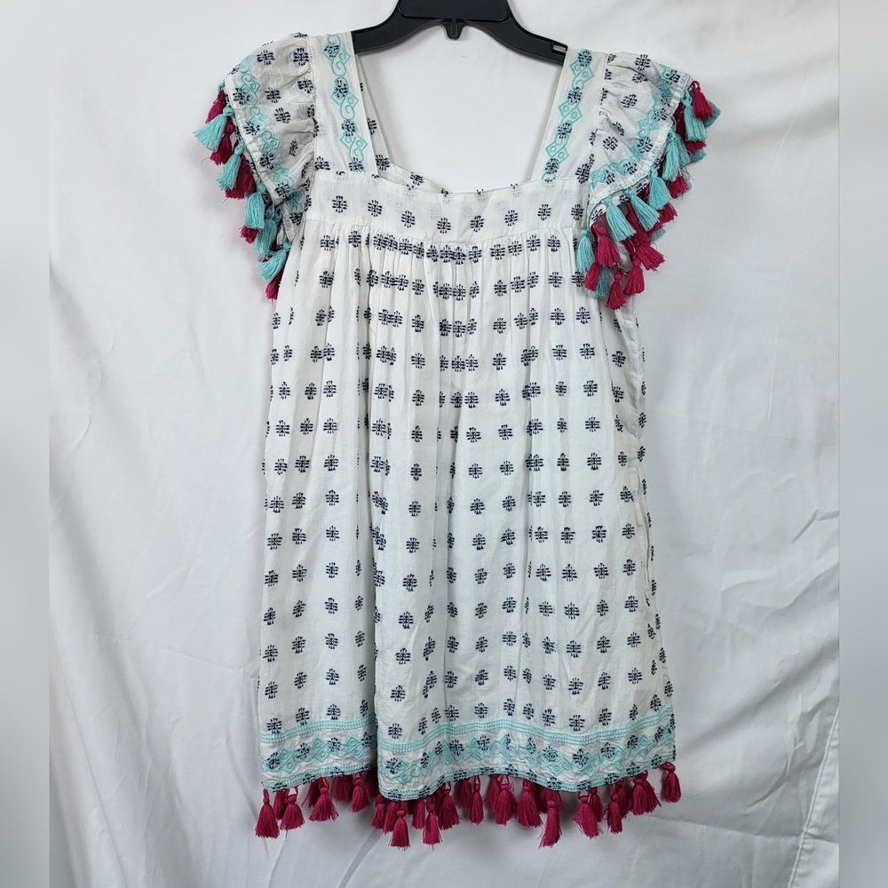 Mer St. Barth Womens White Pink Navy Sandrine Embroidered Tassel Mini Dress M - Picture 5 of 9